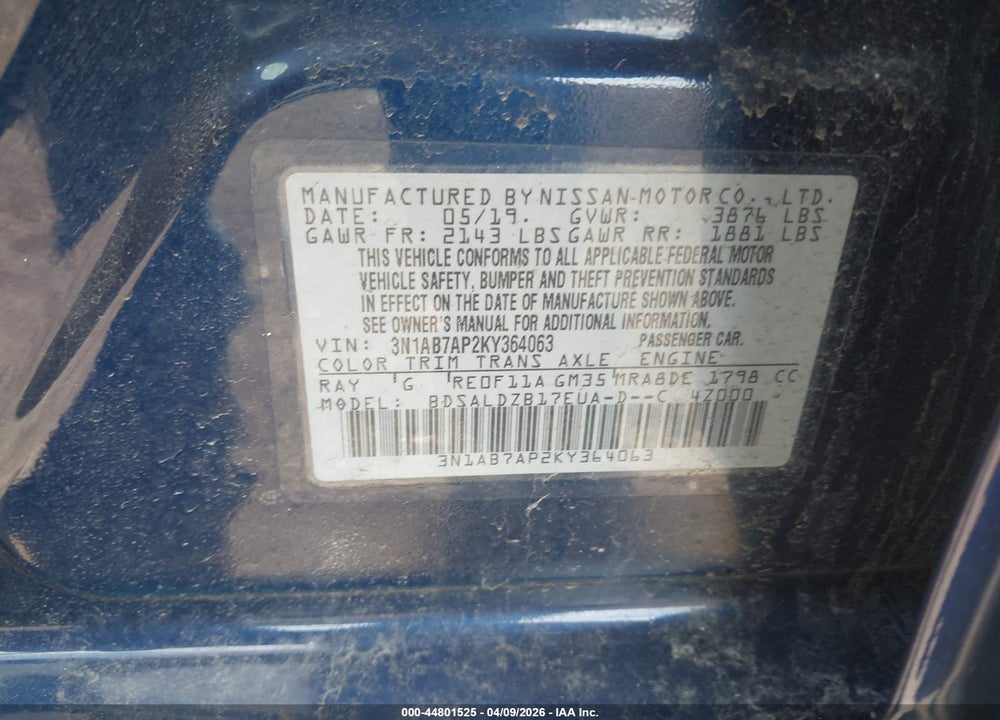 2019 NISSAN SENTRA SV VIN: 3N1AB7AP2KY364063