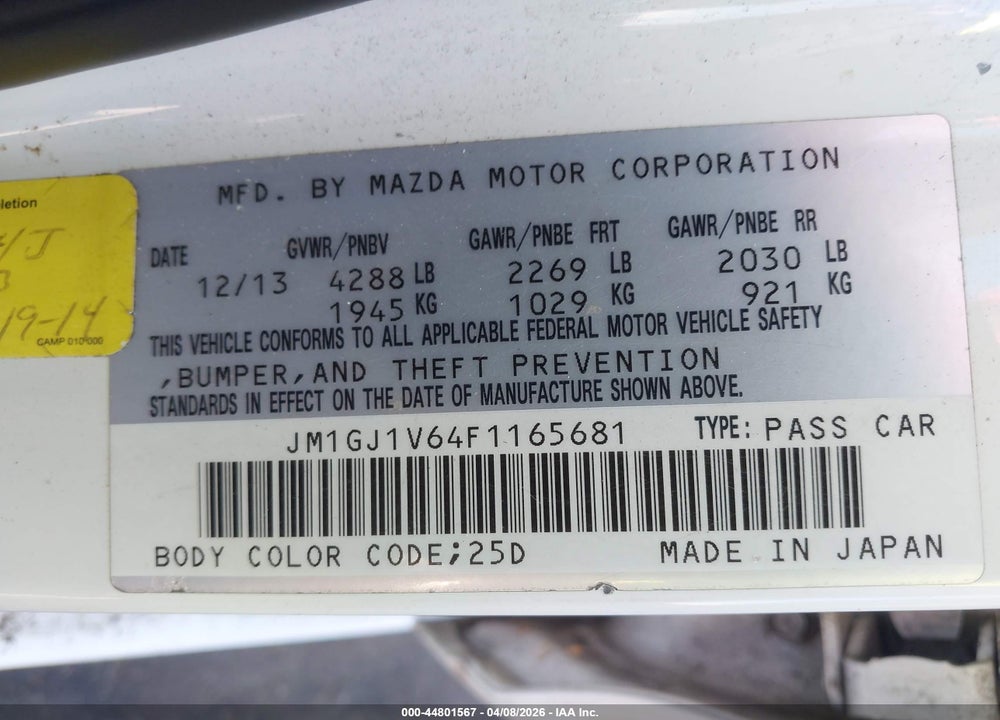 2015 MAZDA 6 I TOURING VIN: JM1GJ1V64F1165681