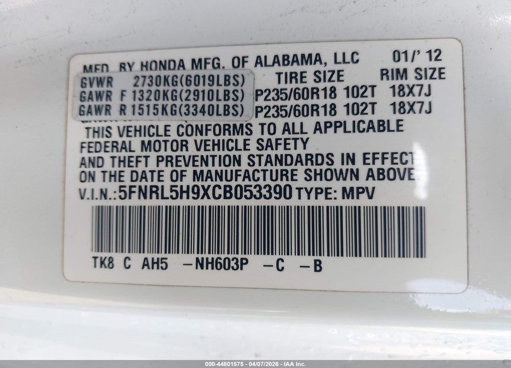2012 HONDA ODYSSEY TOURING/TOURING ELITE VIN: 5FNRL5H9XCB053390