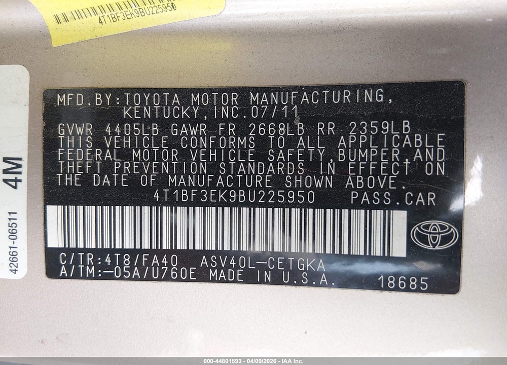 2011 TOYOTA CAMRY XLE VIN: 4T1BF3EK9BU225950