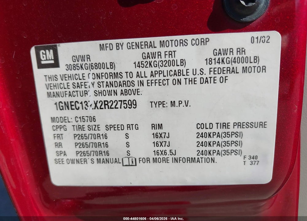 2002 CHEVROLET TAHOE LT VIN: 1GNEC13ZX2R227599