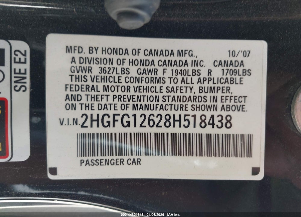 2008 HONDA CIVIC LX VIN: 2HGFG12628H518438