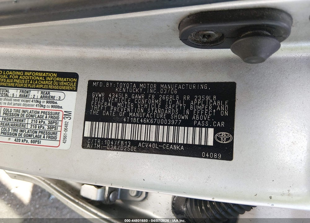 2007 TOYOTA CAMRY LE VIN: 4T1BE46K67U003977