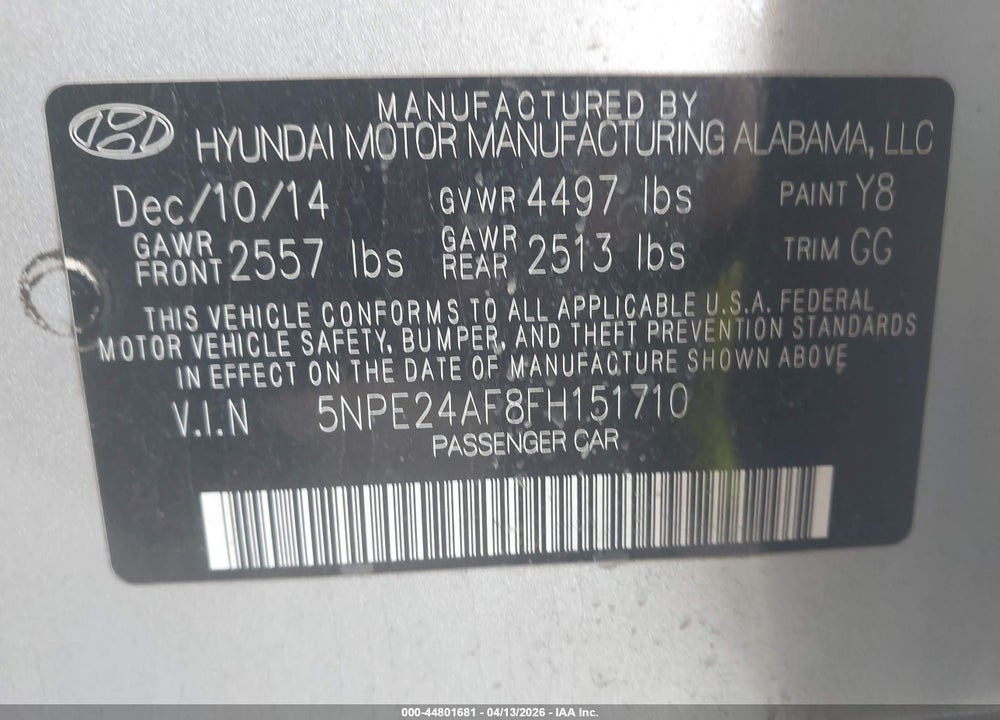2015 HYUNDAI SONATA SE VIN: 5NPE24AF8FH151710