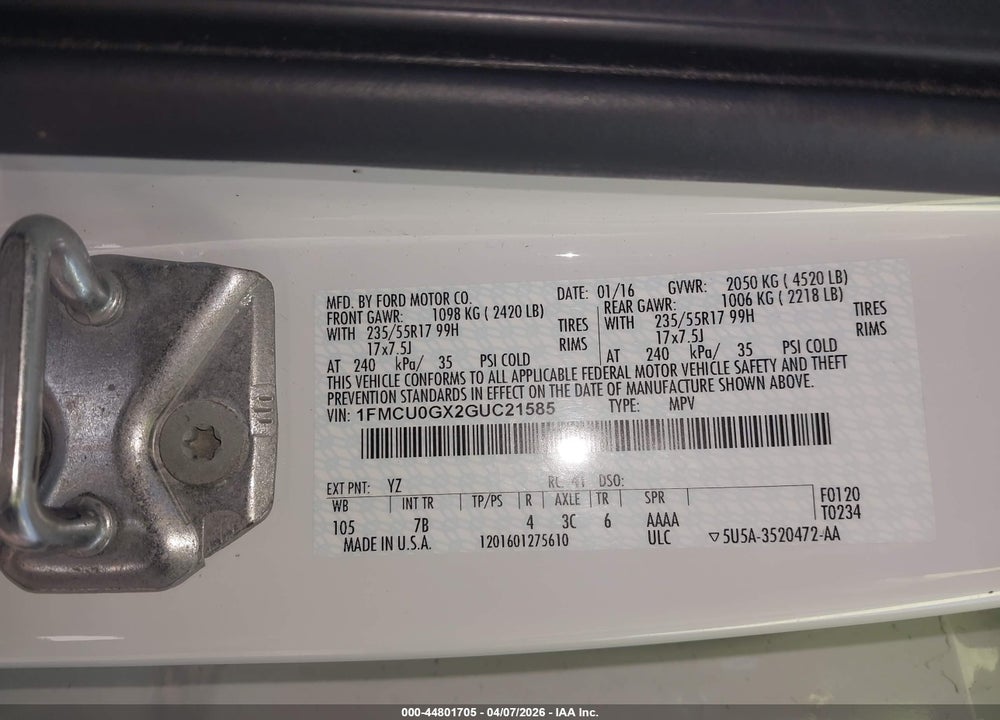 2016 FORD ESCAPE SE VIN: 1FMCU0GX2GUC21585