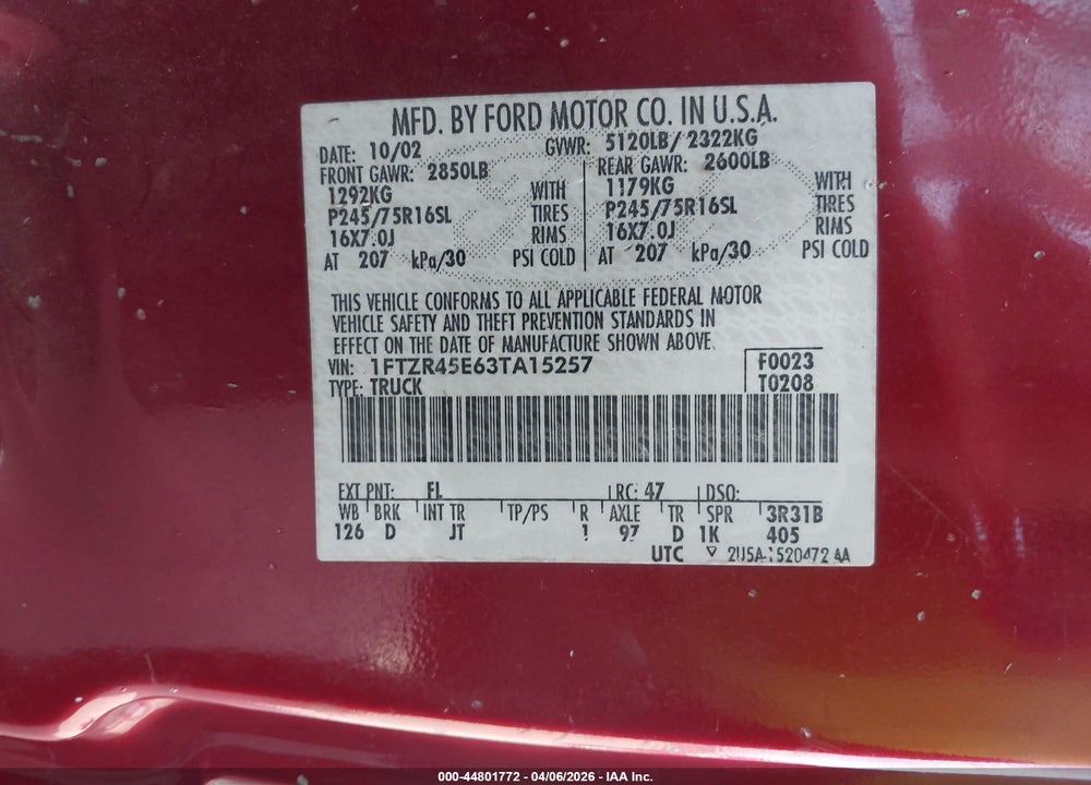 2003 FORD RANGER EDGE/XLT VIN: 1FTZR45E63TA15257
