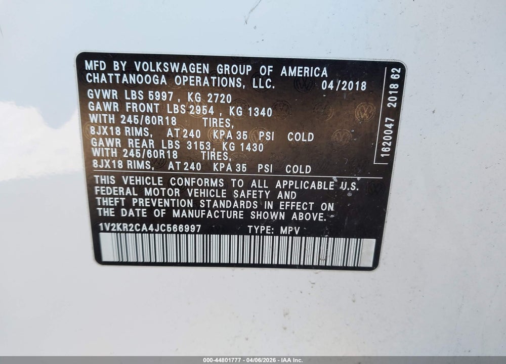 2018 VOLKSWAGEN ATLAS 3.6L V6 SE VIN: 1V2KR2CA4JC566997