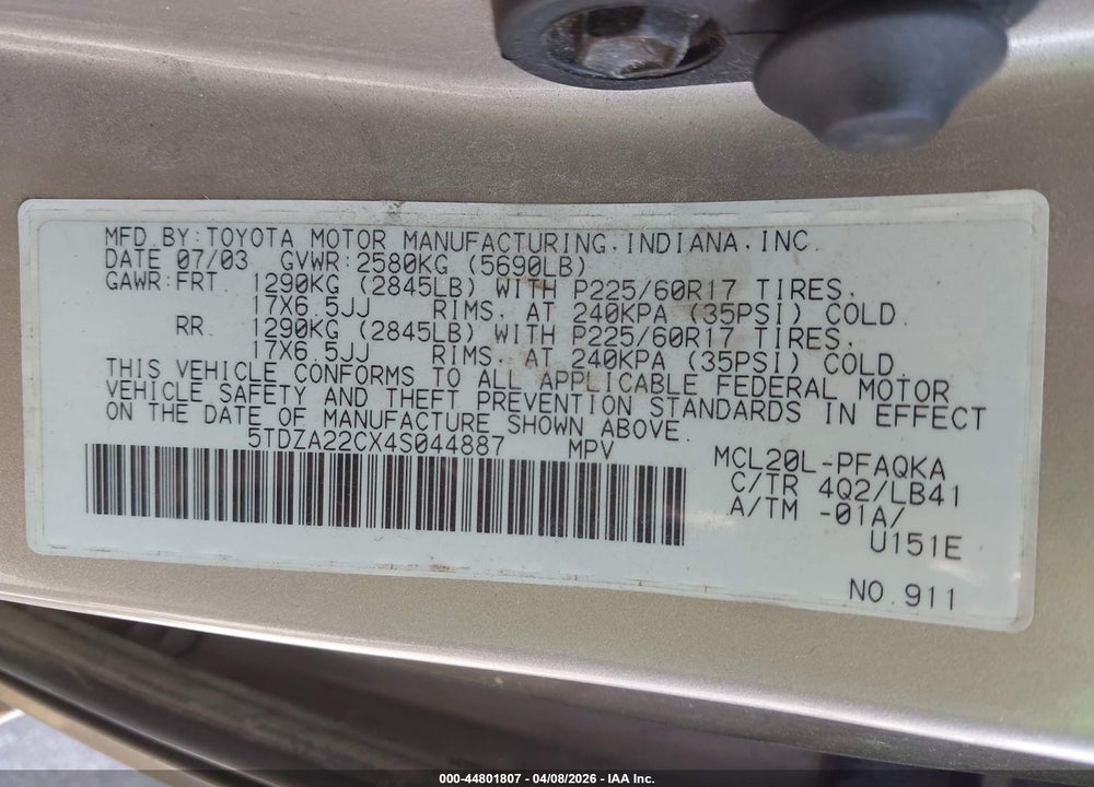 2004 TOYOTA SIENNA XLE LIMITED VIN: 5TDZA22CX4S044887