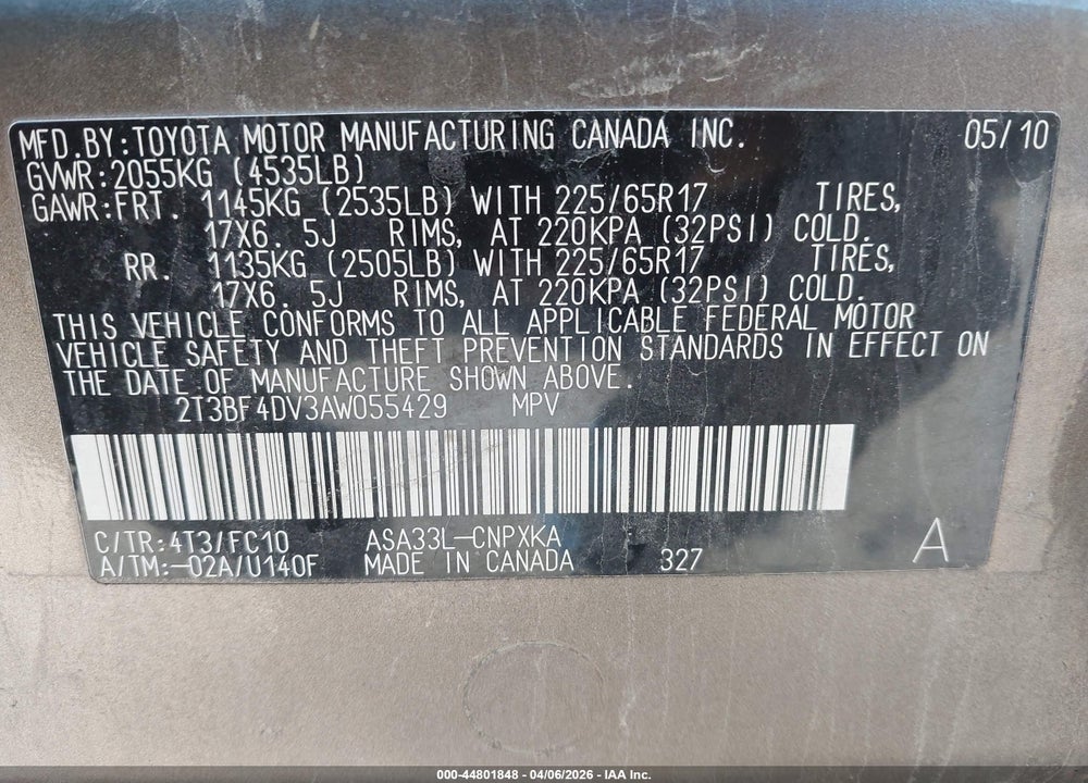 2010 TOYOTA RAV4 VIN: 2T3BF4DV3AW055429