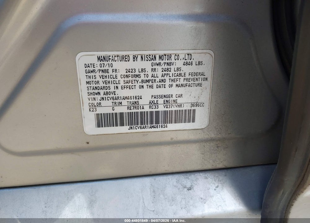 2010 INFINITI G37X VIN: JN1CV6AR1AM461624