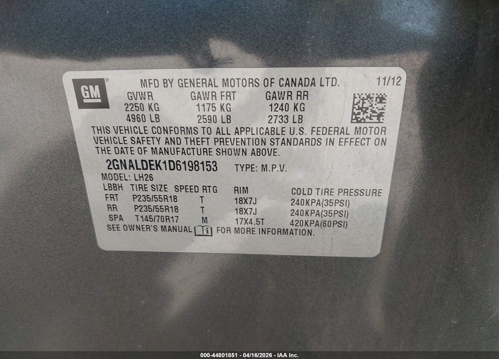2013 CHEVROLET EQUINOX 1LT VIN: 2GNALDEK1D6198153