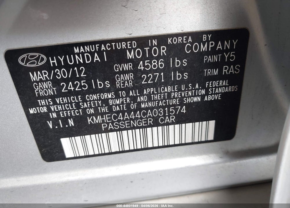 2012 HYUNDAI SONATA HYBRID VIN: KMHEC4A44CA031574