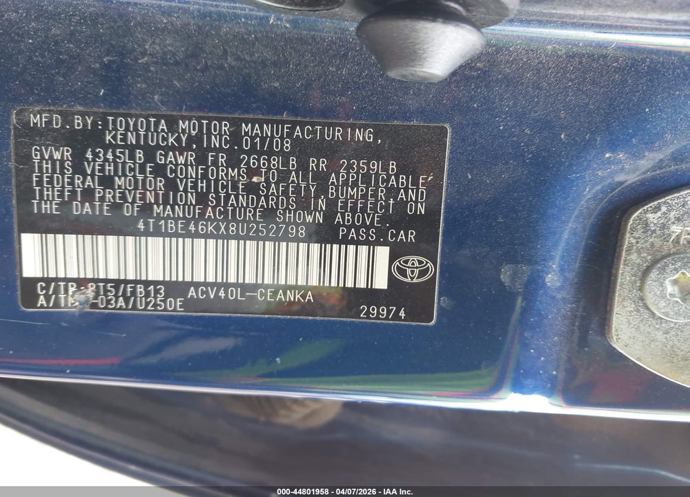 2008 TOYOTA CAMRY LE VIN: 4T1BE46KX8U252798