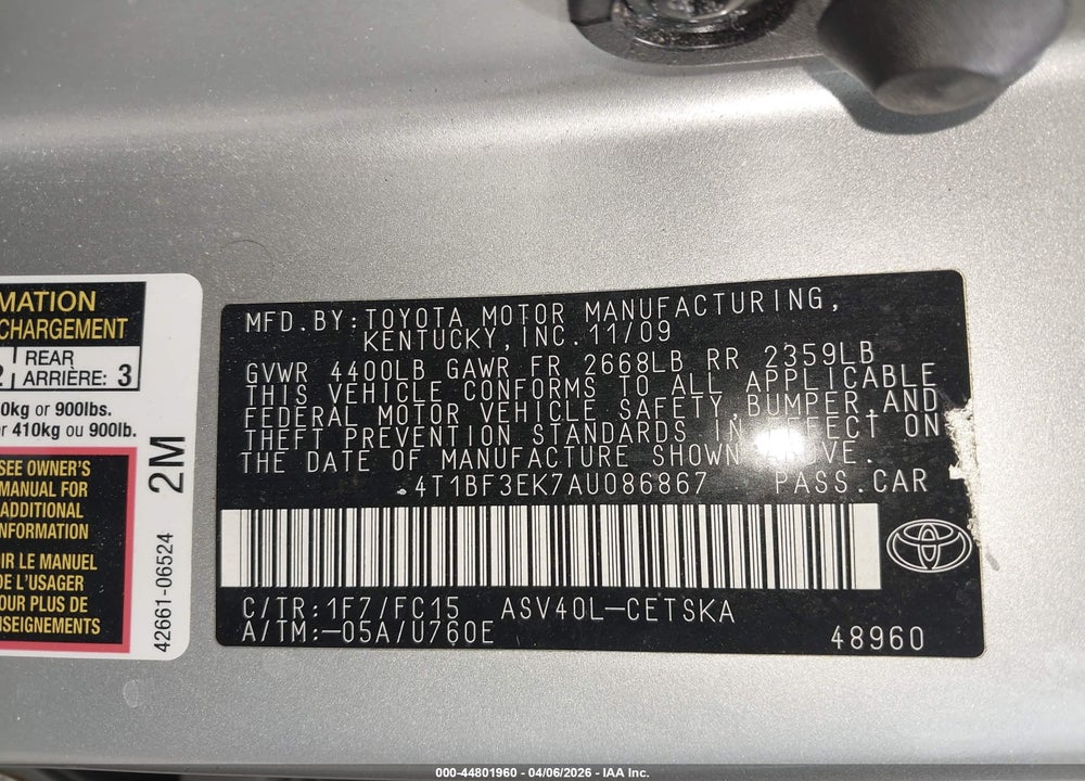 2010 TOYOTA CAMRY SE VIN: 4T1BF3EK7AU086867
