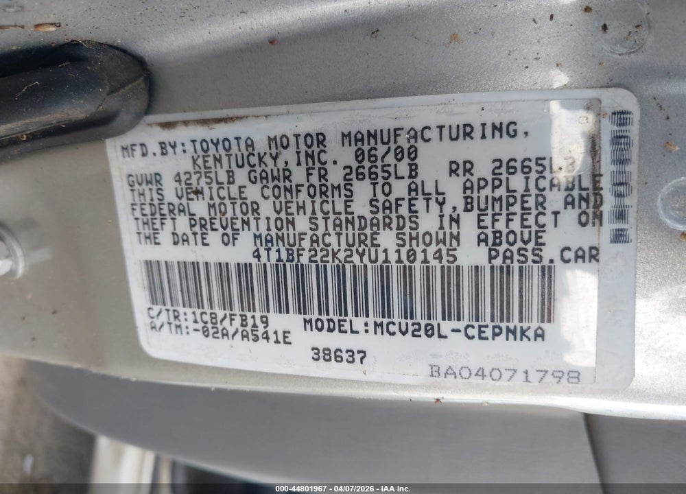 2000 TOYOTA CAMRY LE V6 VIN: 4T1BF22K2YU110145