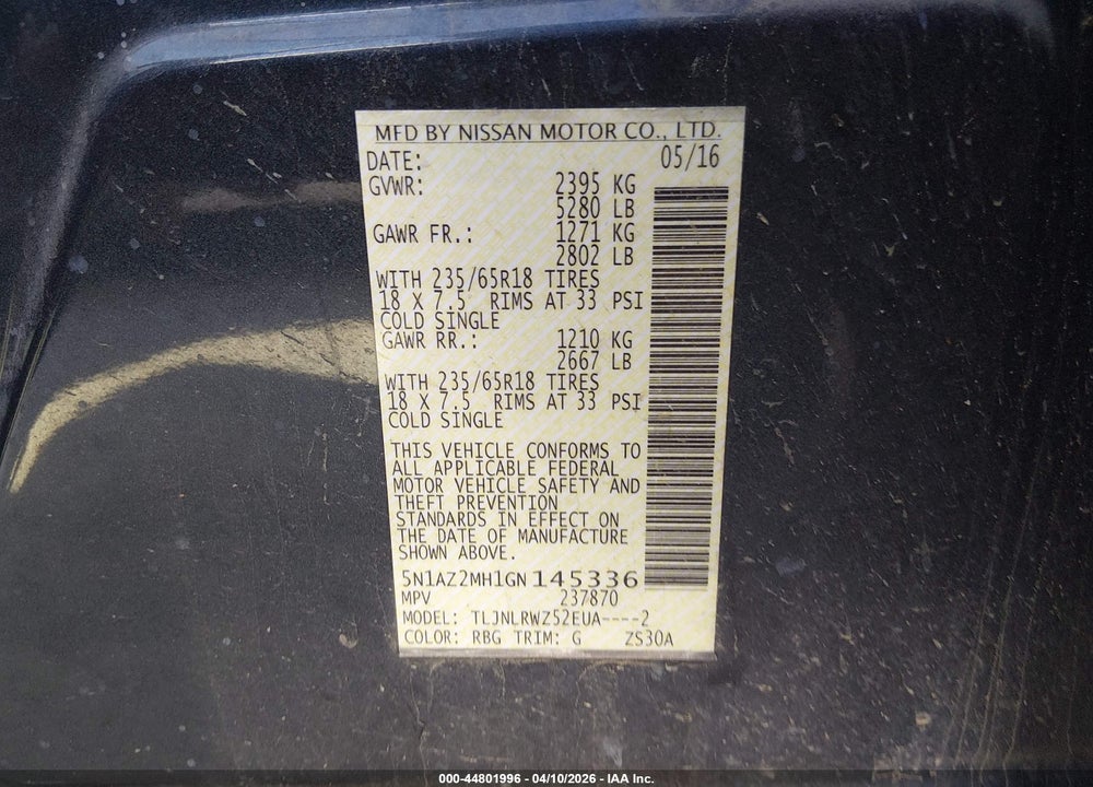 2016 NISSAN MURANO SL VIN: 5N1AZ2MH1GN145336