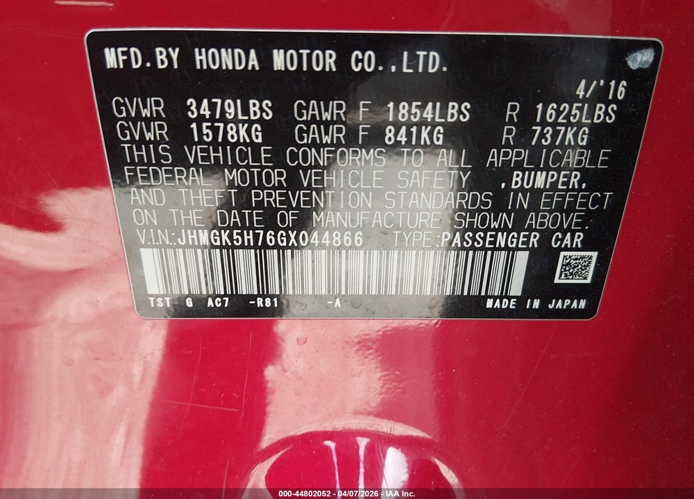 2016 HONDA FIT EX VIN: JHMGK5H76GX044866