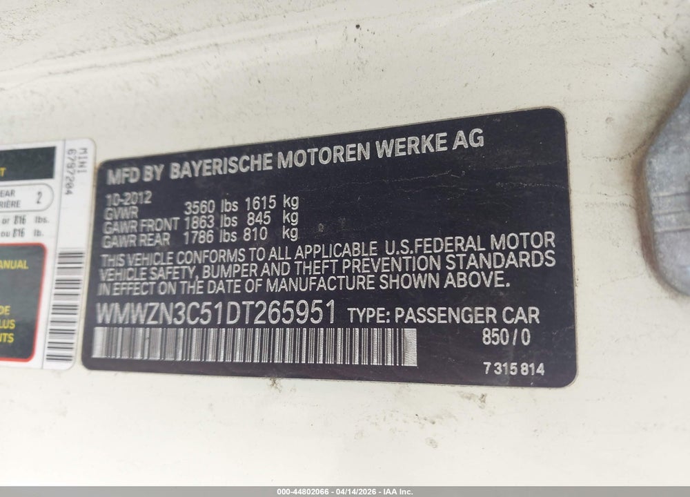 2013 MINI CONVERTIBLE COOPER VIN: WMWZN3C51DT265951