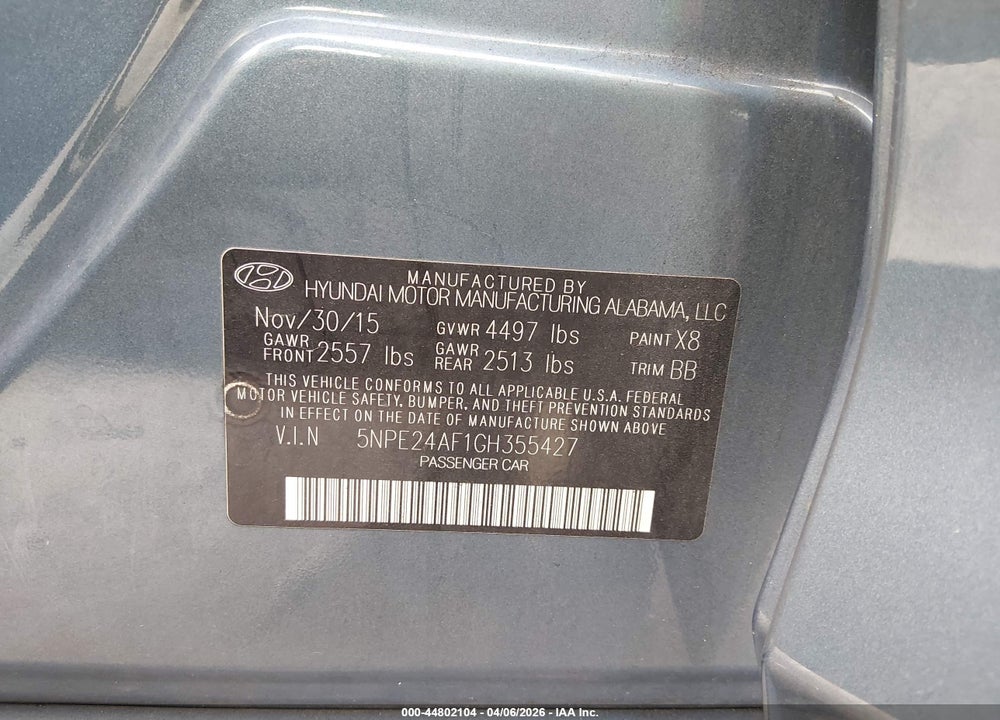 2016 HYUNDAI SONATA SE VIN: 5NPE24AF1GH355427