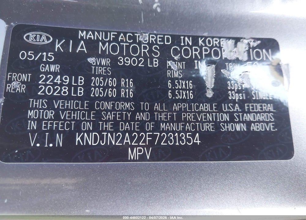 2015 KIA SOUL VIN: KNDJN2A22F7231354