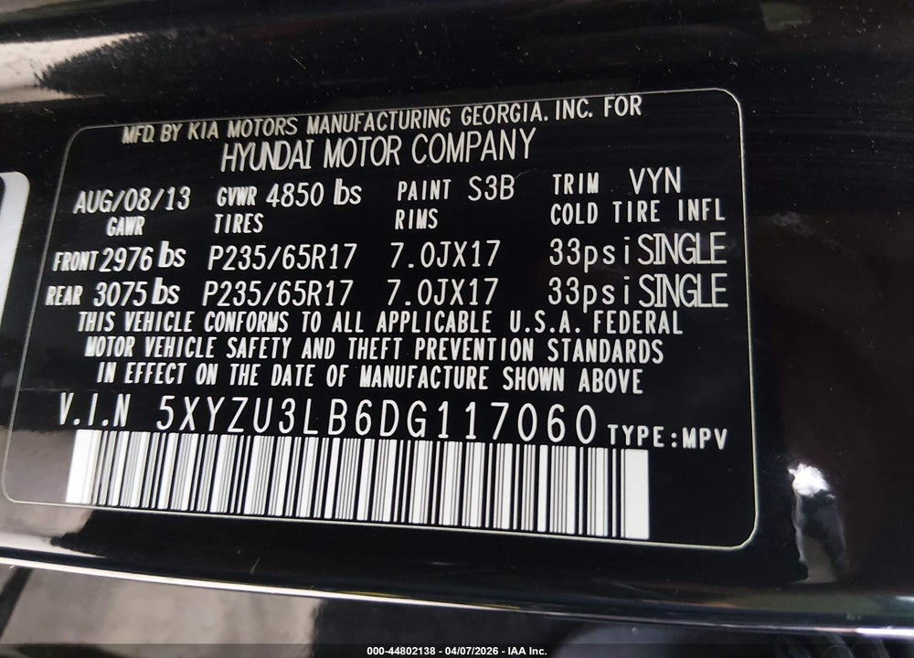 2013 HYUNDAI SANTA FE SPORT VIN: 5XYZU3LB6DG117060
