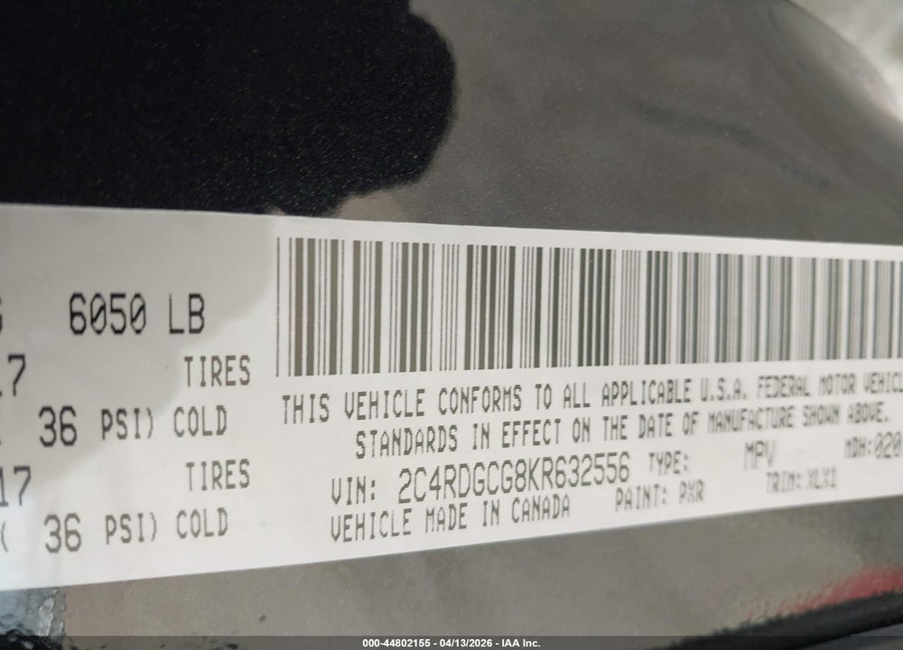 2019 DODGE GRAND CARAVAN SXT VIN: 2C4RDGCG8KR632556
