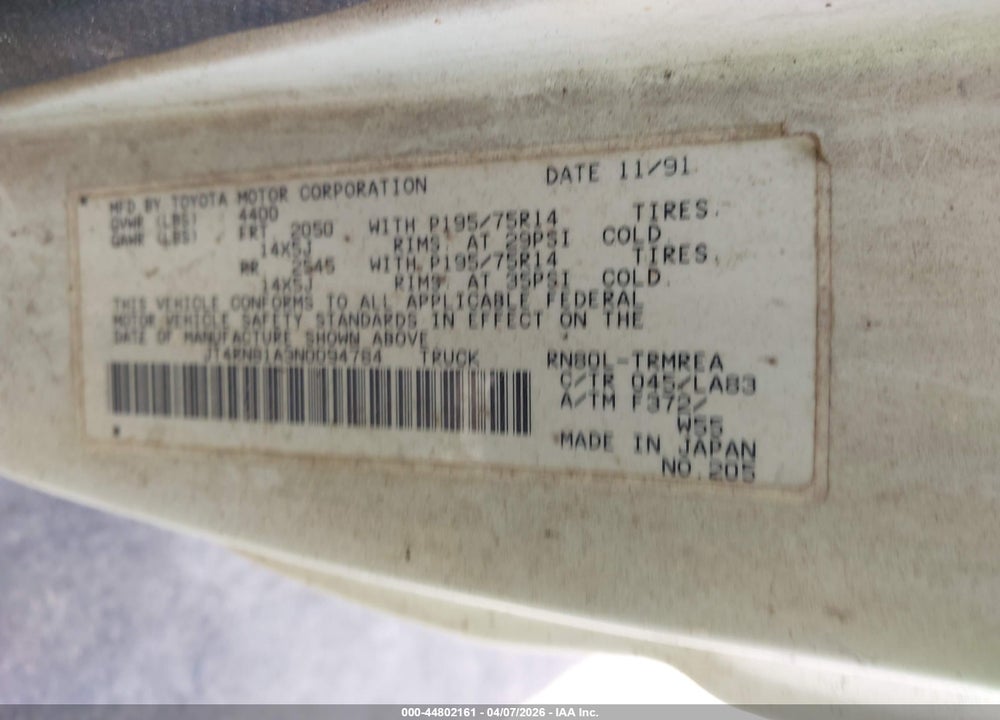 1992 TOYOTA PICKUP 1/2 TON SHORT WHEELBASE VIN: JT4RN81A3N0094784
