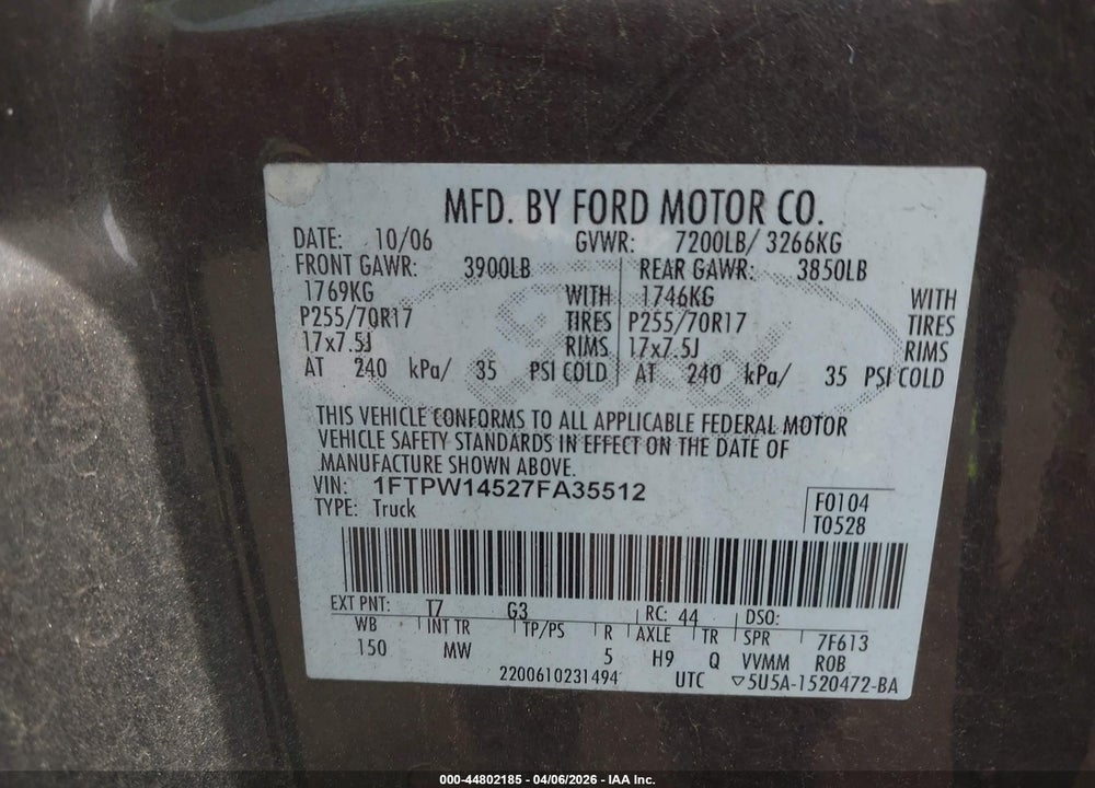 2007 FORD F-150 FX4/LARIAT/XLT VIN: 1FTPW14527FA35512