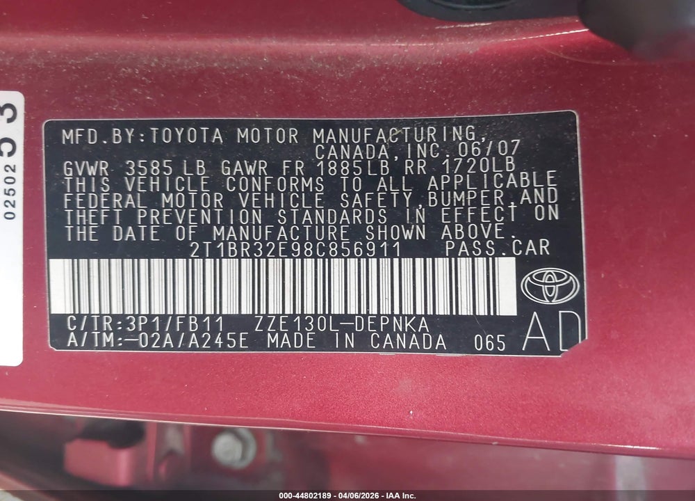 2008 TOYOTA COROLLA LE VIN: 2T1BR32E98C856911