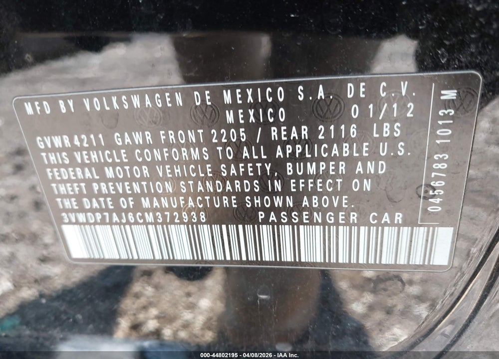 2012 VOLKSWAGEN JETTA 2.5L SE VIN: 3VWDP7AJ6CM372938