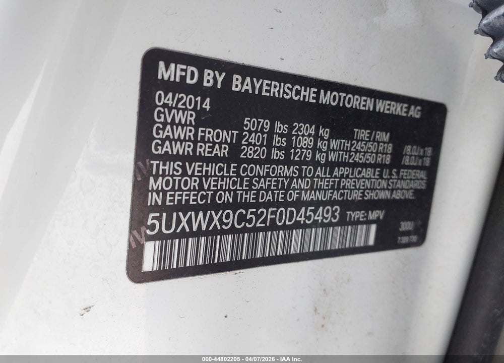 2015 BMW X3 XDRIVE28I VIN: 5UXWX9C52F0D45493