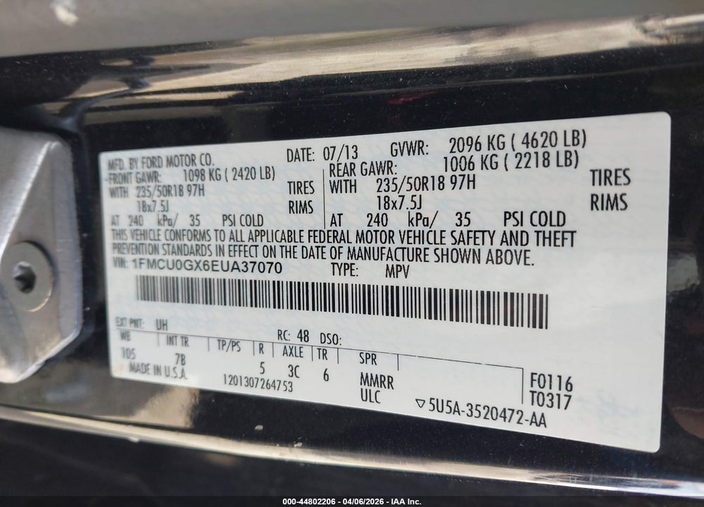 2014 FORD ESCAPE SE VIN: 1FMCU0GX6EUA37070