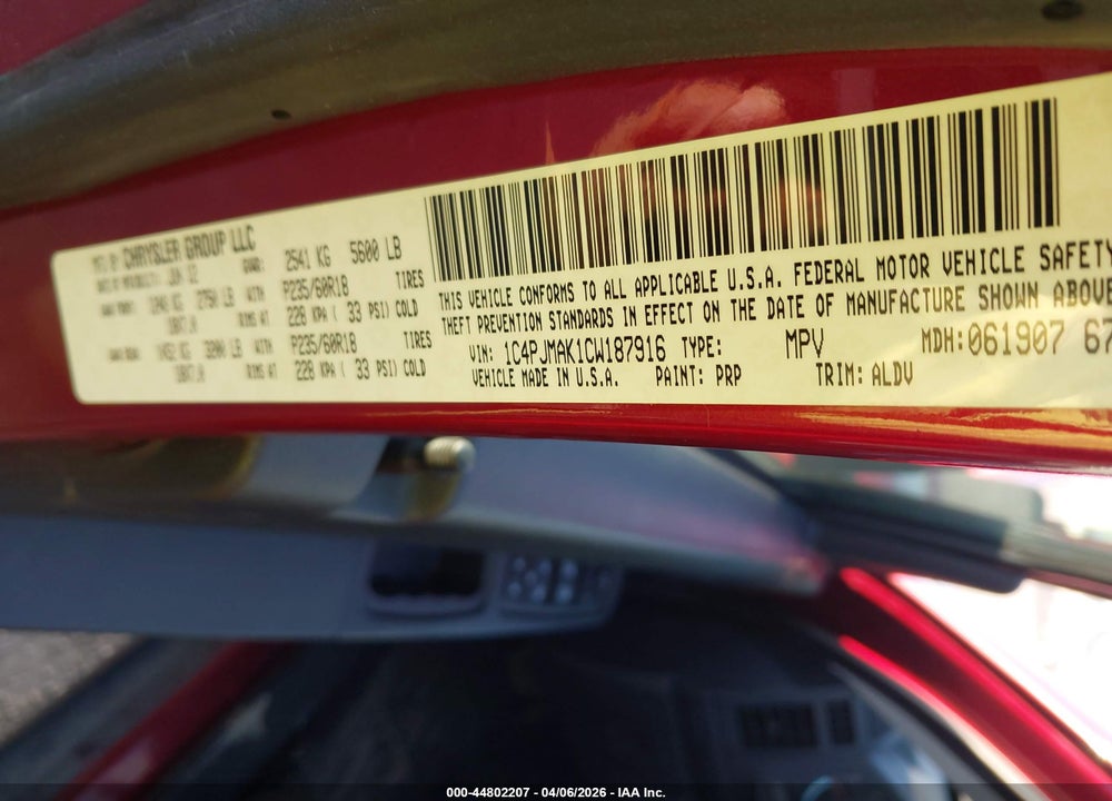 2012 JEEP LIBERTY SPORT VIN: 1C4PJMAK1CW187916
