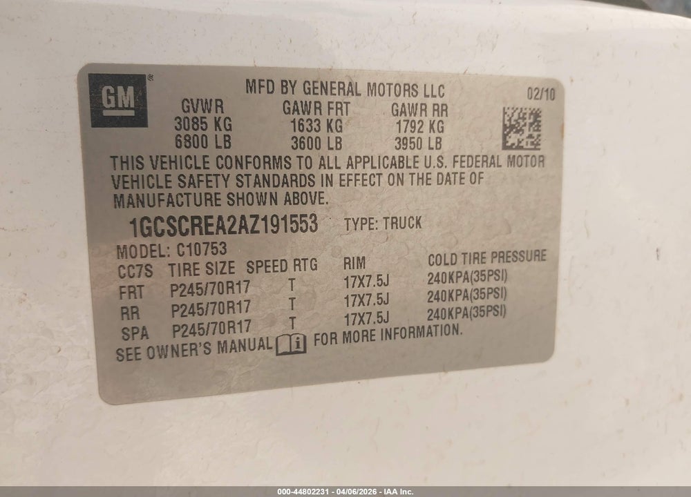 2010 CHEVROLET SILVERADO 1500 LS VIN: 1GCSCREA2AZ191553