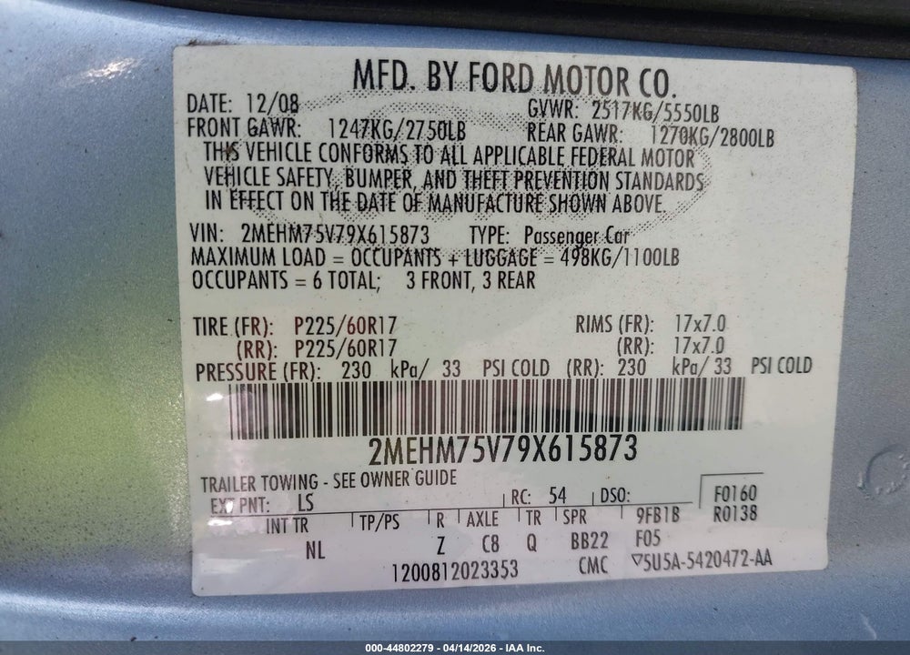 2009 MERCURY GRAND MARQUIS LS (FLEET ONLY) VIN: 2MEHM75V79X615873