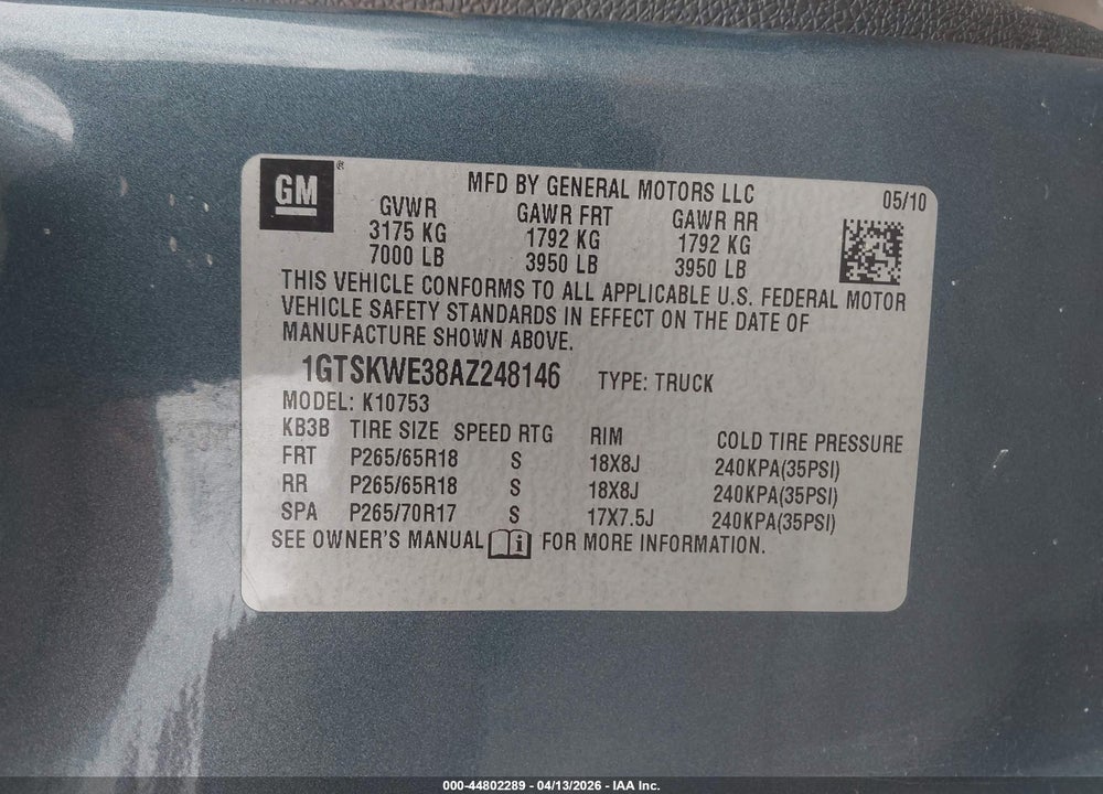2010 GMC SIERRA 1500 SLT VIN: 1GTSKWE38AZ248146