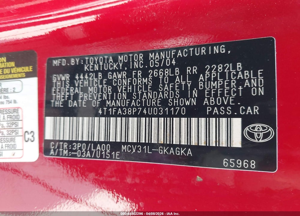 2004 TOYOTA CAMRY SOLARA SLE VIN: 4T1FA38P74U031170