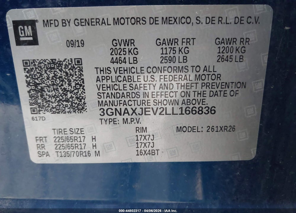 2020 CHEVROLET EQUINOX FWD 2FL VIN: 3GNAXJEV2LL166836