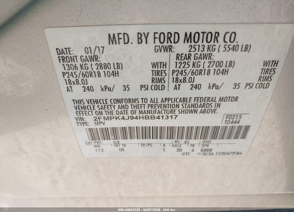 2017 FORD EDGE SEL VIN: 2FMPK4J94HBB41317
