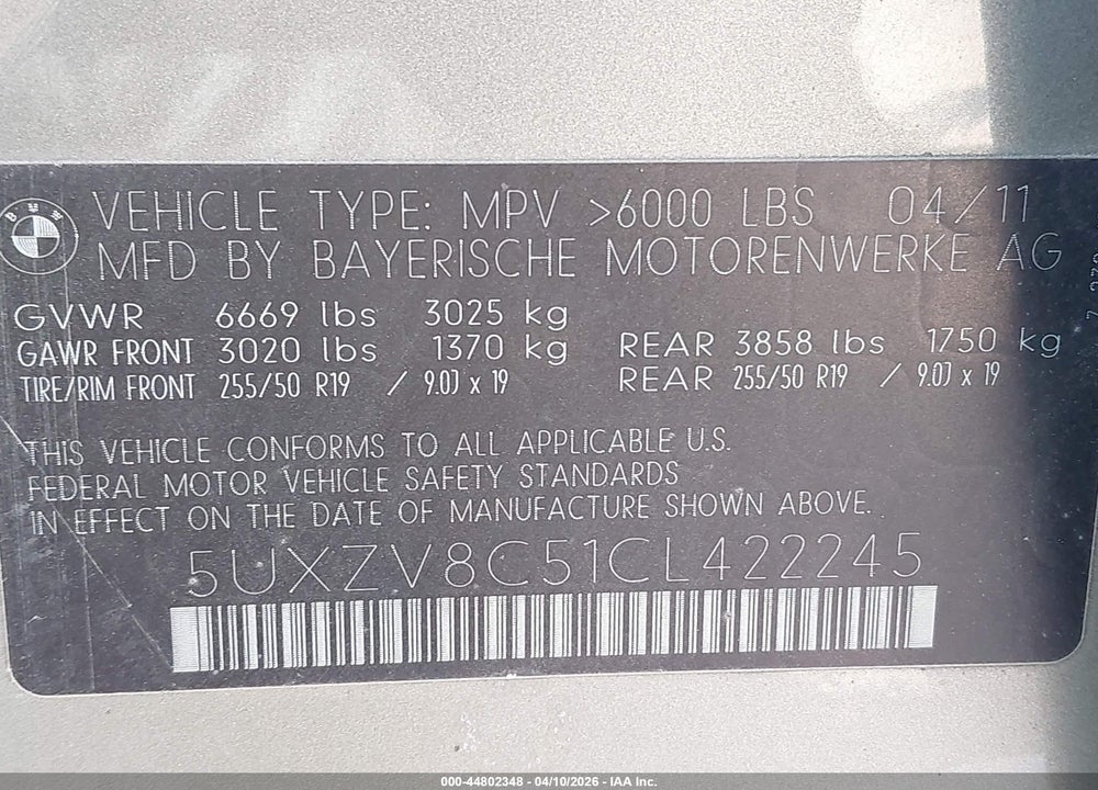 2012 BMW X5 XDRIVE50I VIN: 5UXZV8C51CL422245