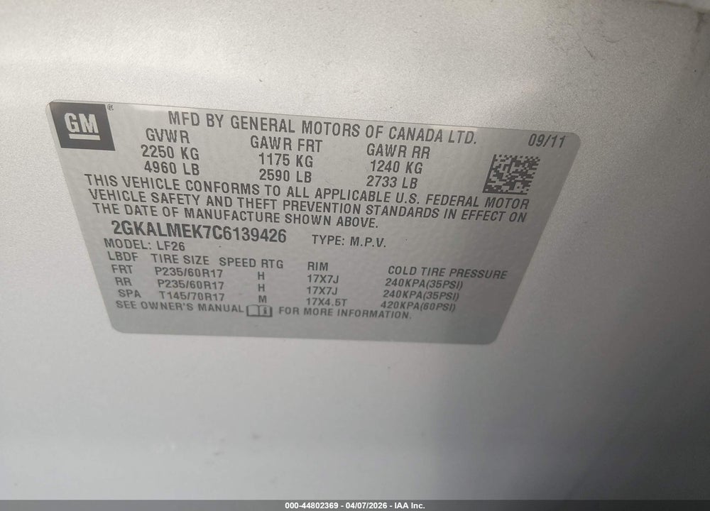 2012 GMC TERRAIN SLE-1 VIN: 2GKALMEK7C6139426