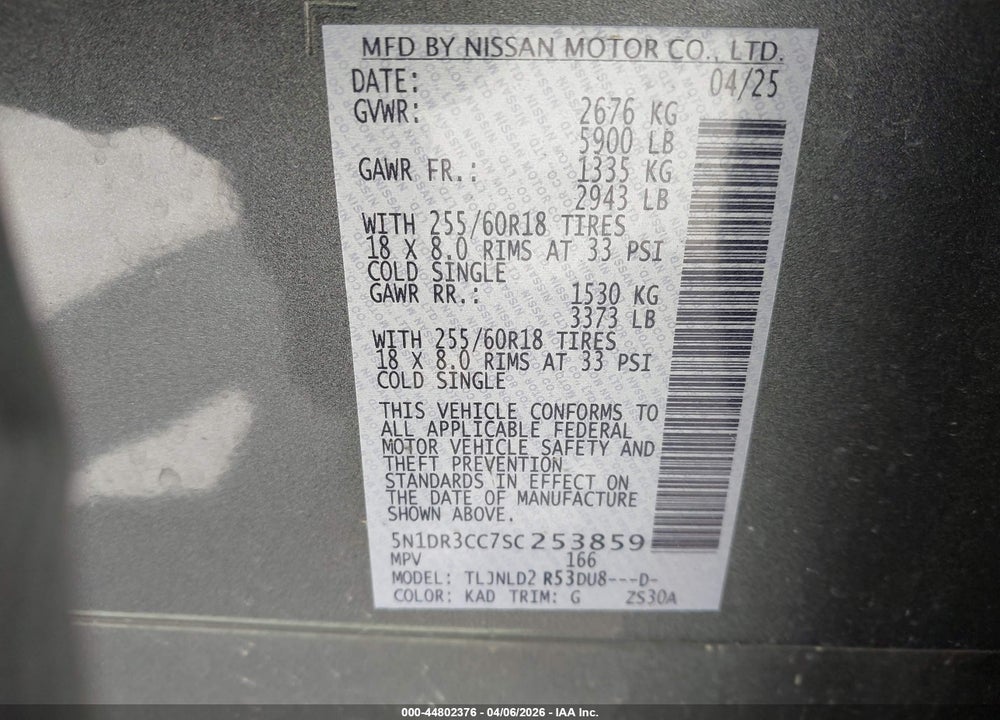 2025 NISSAN PATHFINDER SL 4WD VIN: 5N1DR3CC7SC253859