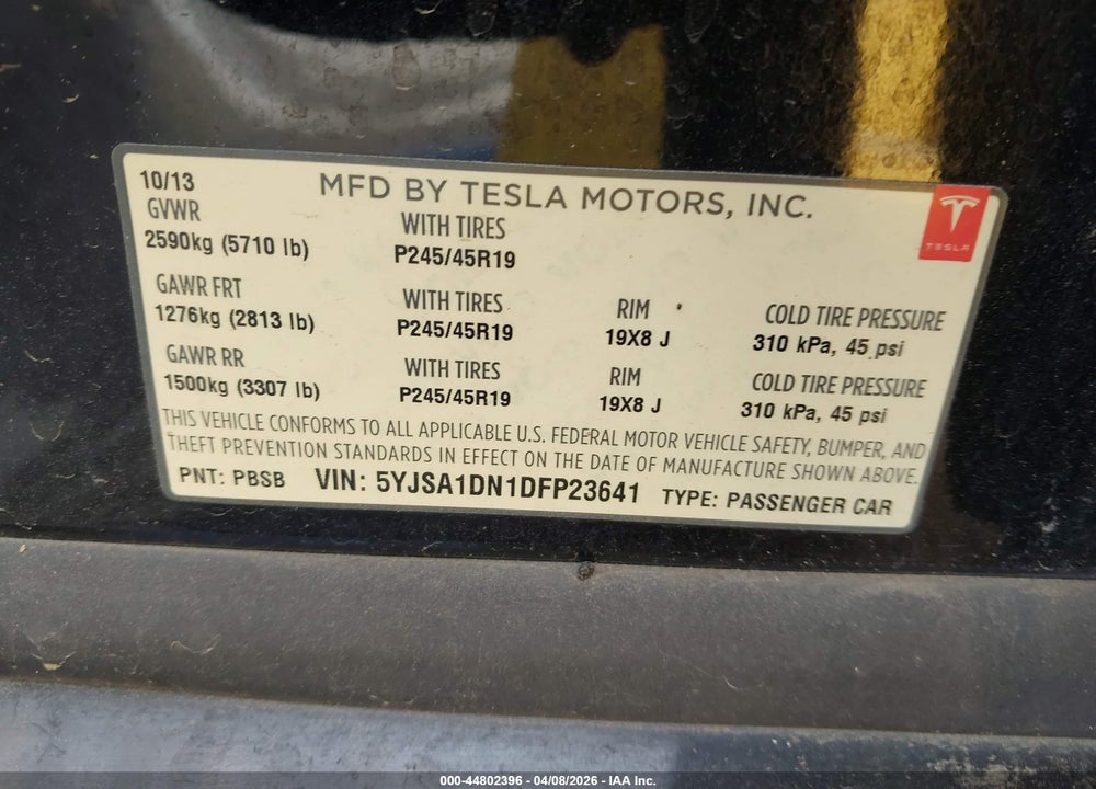 2013 TESLA MODEL S VIN: 5YJSA1DN1DFP23641