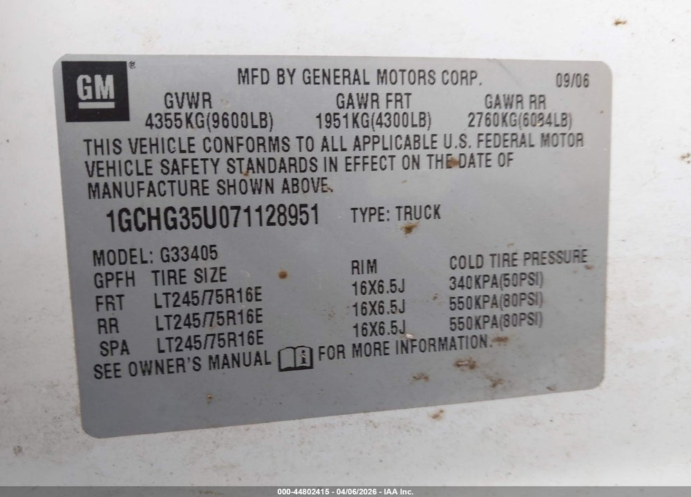 2007 CHEVROLET EXPRESS WORK VAN VIN: 1GCHG35U071128951