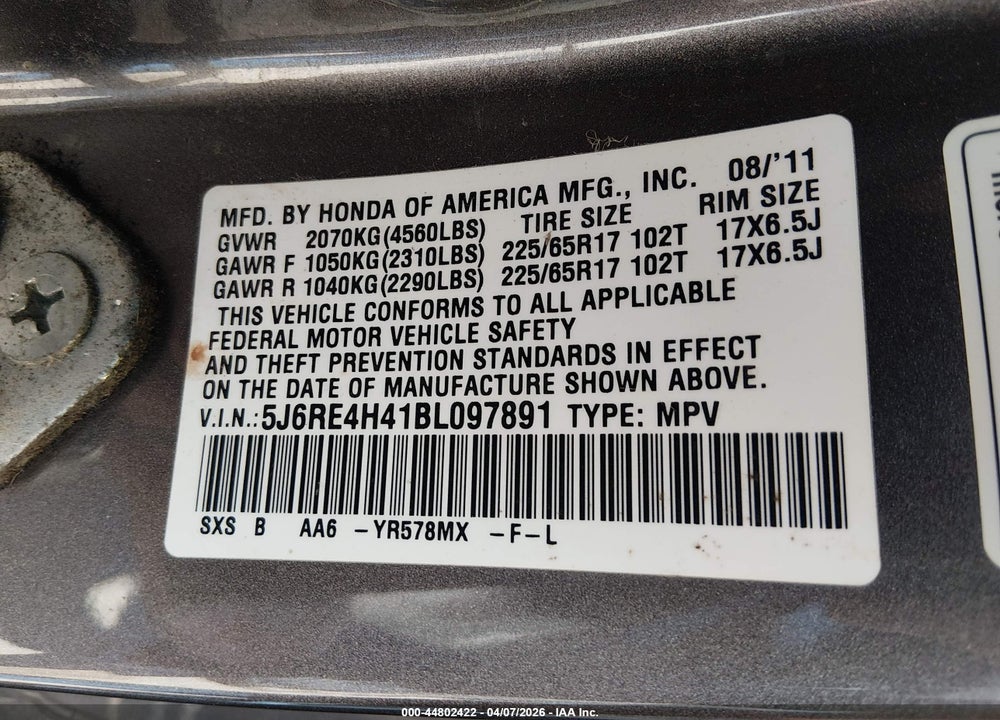 2011 HONDA CR-V SE VIN: 5J6RE4H41BL097891