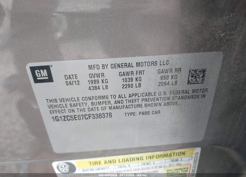 2012 CHEVROLET MALIBU 1LT VIN: 1G1ZC5E07CF338378