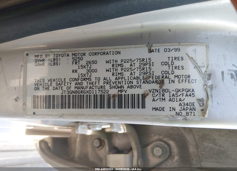 1999 TOYOTA 4RUNNER SR5 V6 VIN: JT3GN86R6X0117522