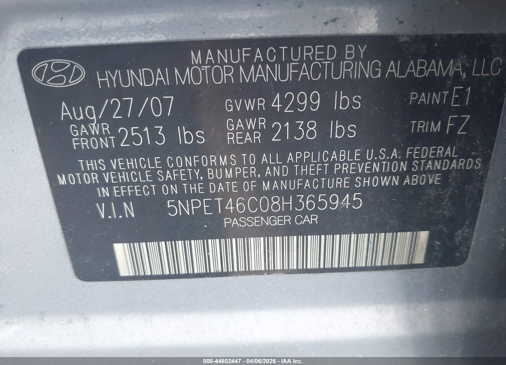 2008 HYUNDAI SONATA GLS VIN: 5NPET46C08H365945