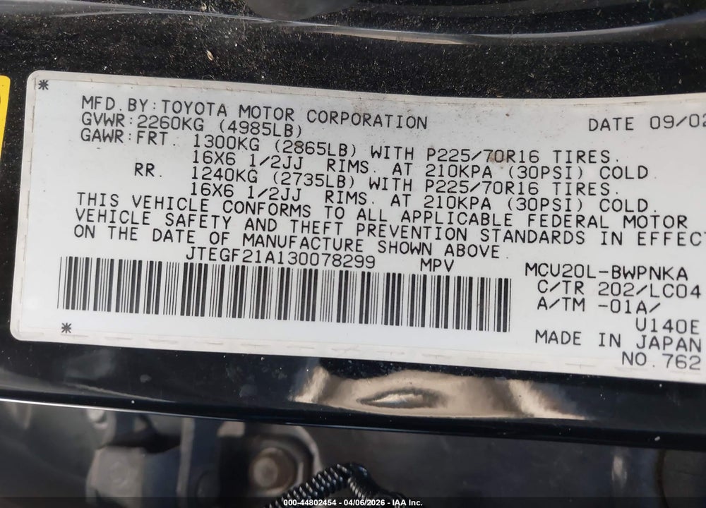 2003 TOYOTA HIGHLANDER LIMITED V6 VIN: JTEGF21A130078299
