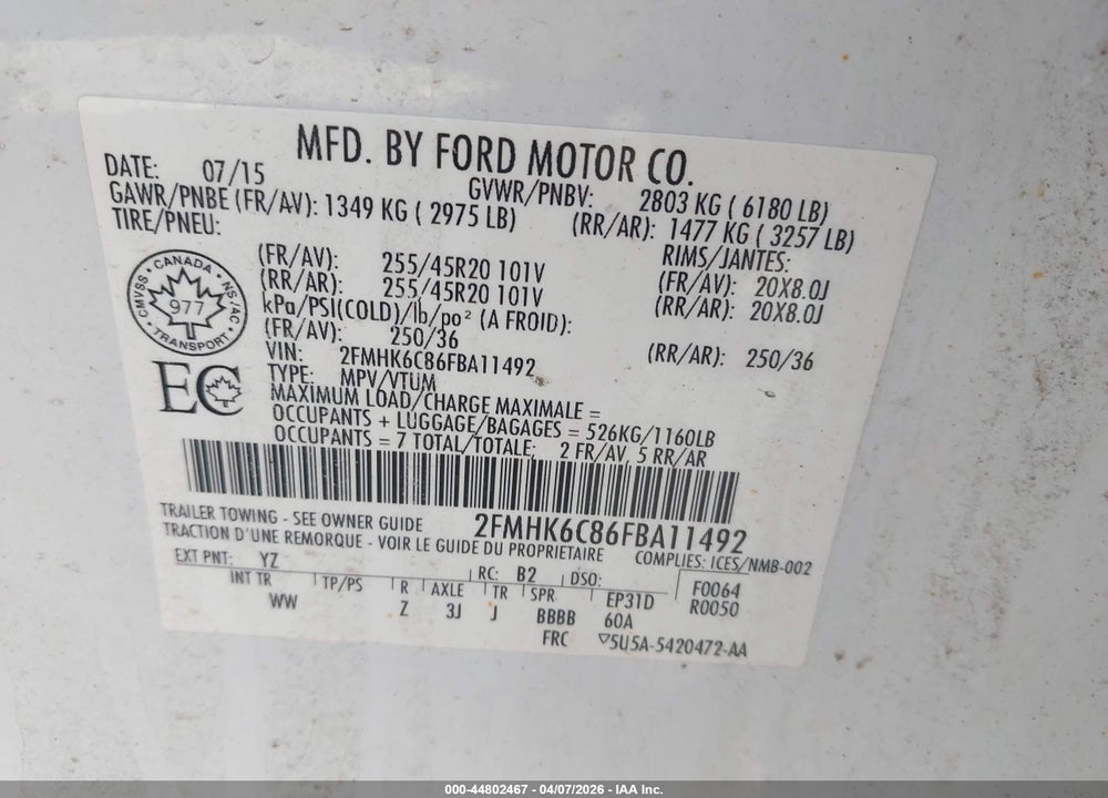 2015 FORD FLEX SEL VIN: 2FMHK6C86FBA11492